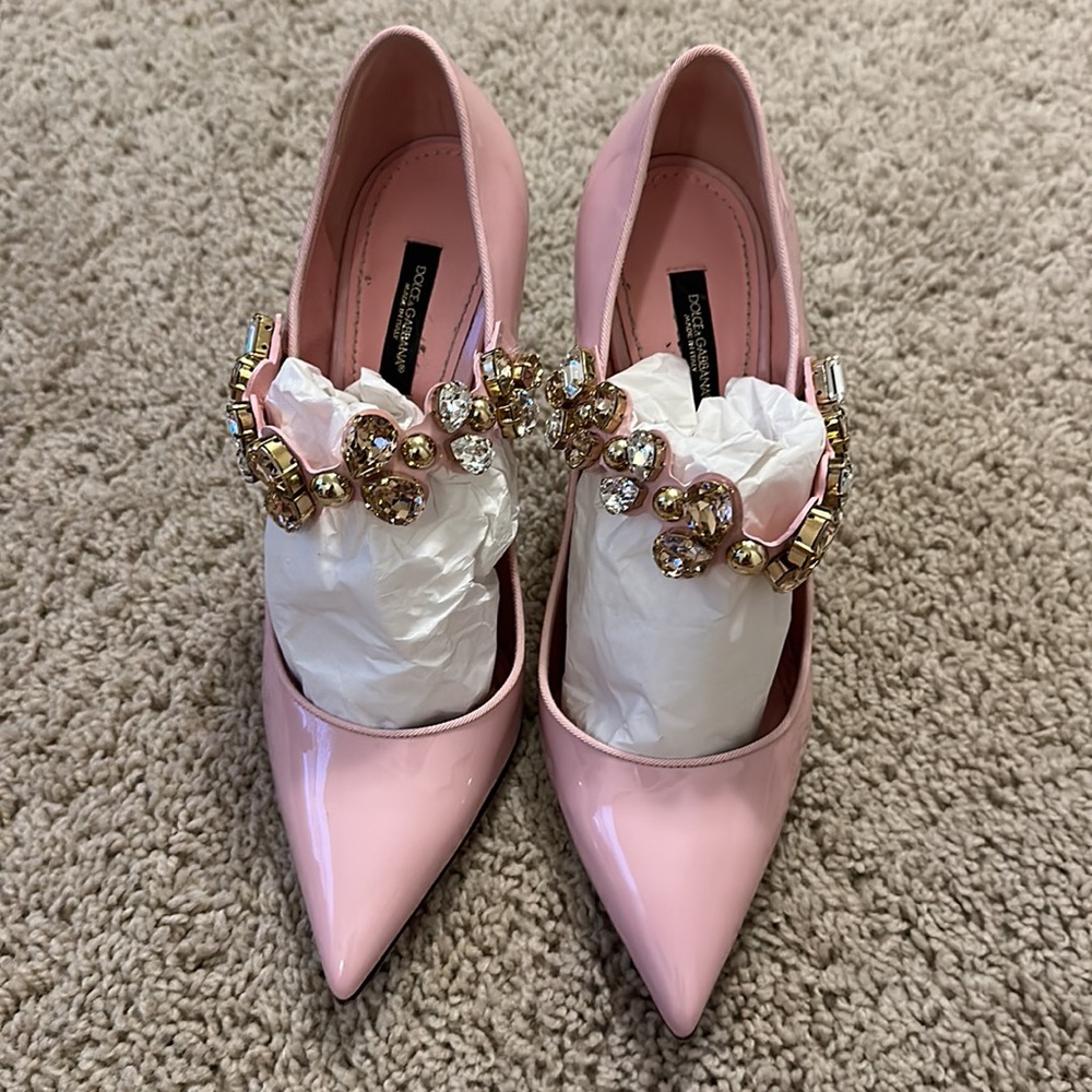 Dolce & Gabbana Patent Leather Crystal Pumps Gold Heel 40 1/2 EU Barbie - Picture 4 of 10